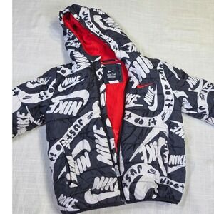 Nike Boys Puffer Jacket Black White Just Do It Print Red Fleece Lined Size 7
